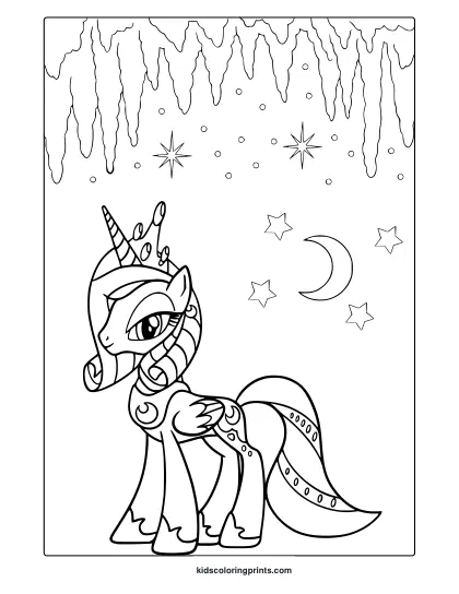Coloring Page With Princess Luna From My Little Pony, Stars, Crescent Moon, And Flowing Mane.