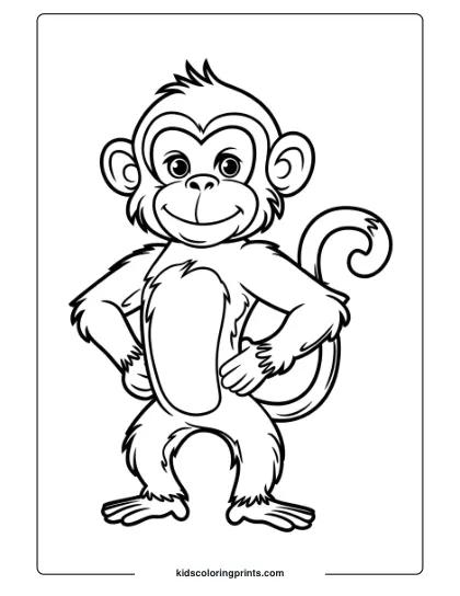 Coloring Page Showing A Monkey Standing With Pride, Hands On Hips And A Confident Expression.