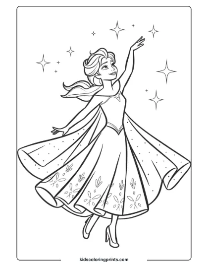 Queen Elsa Dancing Under The Stars In This Printable Coloring Page, Capturing Her Elegance And Magical Aura.