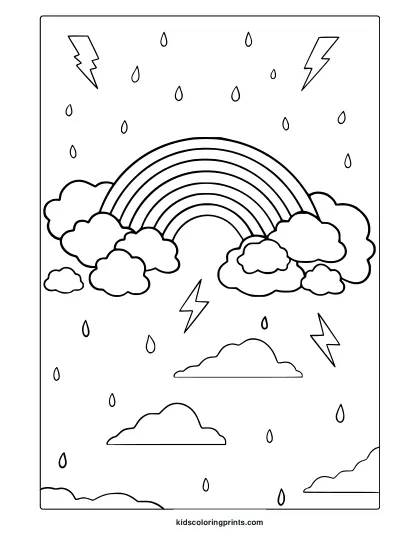 Rainbow Coloring Page With Clouds, Lightning Bolts, And Falling Raindrops.