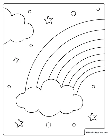 Rainbow Coloring Page Featuring A Bright Rainbow Between Clouds And Shining Stars.