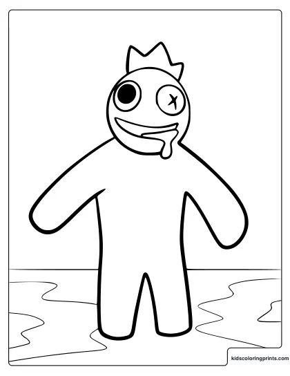 Rainbow Friends Blue Coloring Page Showing Blue Standing With A Crown, One X Eye, And Drool Dripping From His Mouth.