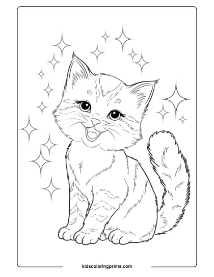 A Cheerful Kitten Surrounded By Stars And Sparkles, Adding Magic And Whimsy To This Coloring Page.
