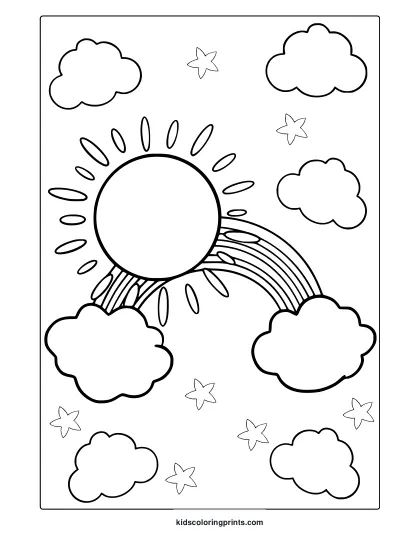 Rainbow With Sun Coloring Page Featuring Clouds And Stars In The Sky.