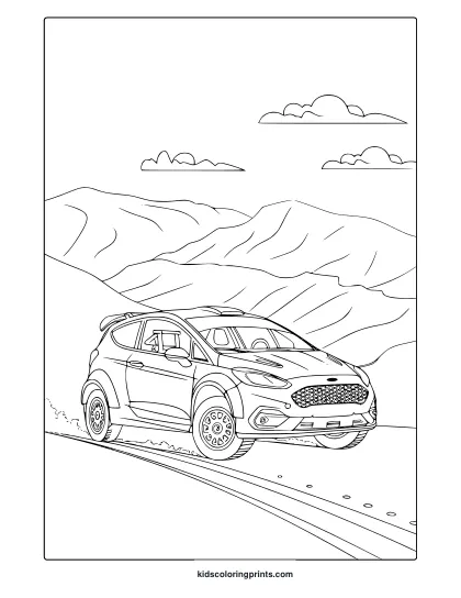 A Rally Car Driving On A Mountain Road, A High-Energy Rally Car Coloring Page.