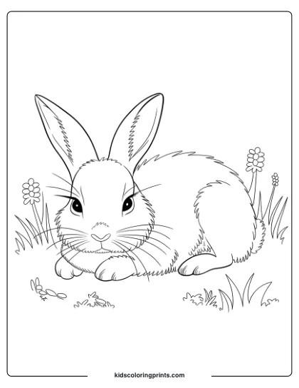 Detailed Coloring Page Of A Realistic Bunny Lying In A Meadow, Ideal For Capturing The Beauty Of Nature.