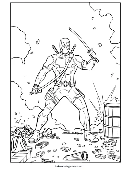 Realistic Deadpool Coloring Page Showing The Superhero In An Action-Packed Setting With Swords, Ideal For Detailed Coloring.