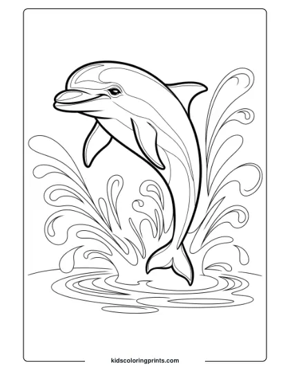A Realistic Dolphin Leaping From Blue Waters, Showcasing A Detailed Splash For A Coloring Page.