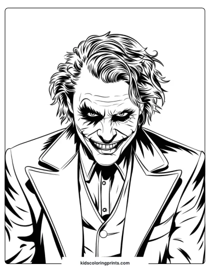 The Realistic Joker Coloring Page Presents A Highly Detailed Black-And-White Illustration Of The Character, With A Menacing Grin And Intense Eyes. His Wild Hair And Formal Suit Add To The Dramatic And Chaotic Tone Of This Striking Artwork.