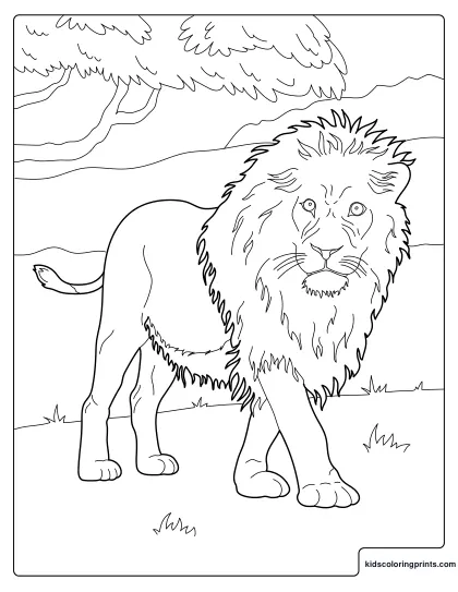 Lion Coloring Page With A Proud Lion Standing In Grasslands With Trees Behind.