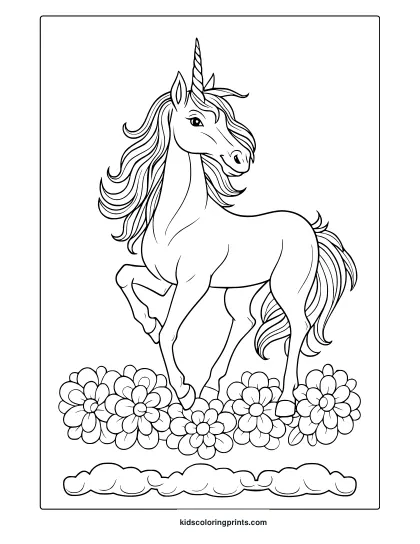 Realistic Unicorn With Spiral Horn And Flowers In A Beautifully Detailed Coloring Page.