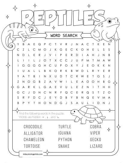 Free Printable Reptiles Word Search Puzzle With 12 Reptiles From Snake To Lizard.