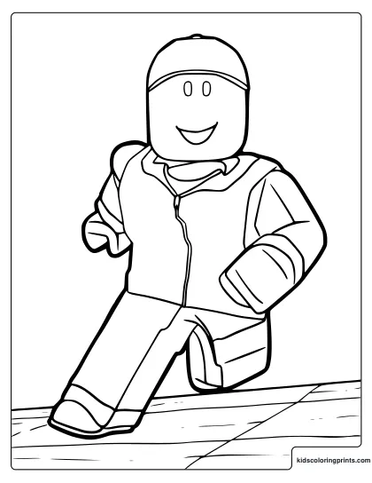 Roblox Avatar Coloring Page Featuring A Smiling Blocky Character Running Forward In A Cap And Hoodie.