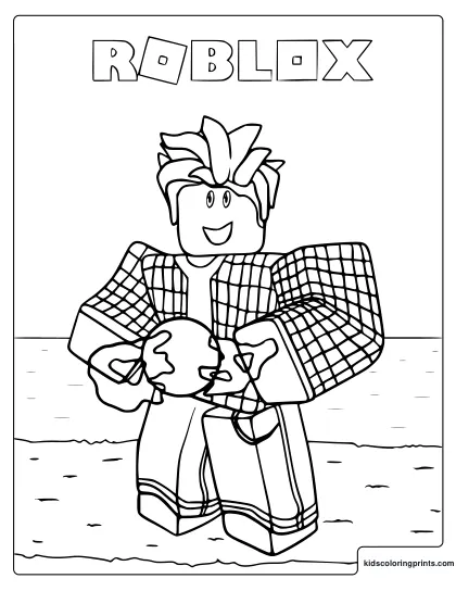 Roblox Guy Coloring Page Showing A Smiling Blocky Character Holding A Round Ball While Standing By The Water.
