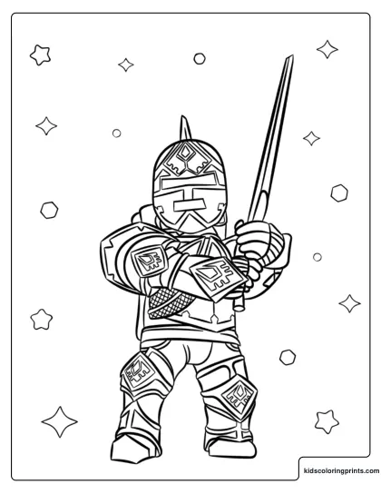 Roblox Knight Skin Coloring Page Featuring An Armored Character Holding A Sword With Stars Around Him.