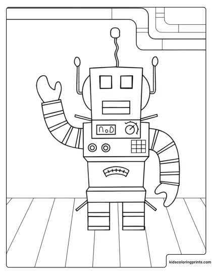 Roblox Mr. Robot Coloring Page Showing A Boxy Robot With Antennas Waving In A Room With Pipes On The Wall.