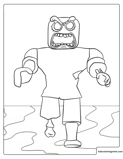 Roblox Zombie Coloring Page Showing A Blocky Zombie Character Walking Through Puddles With An Angry Open Mouth.