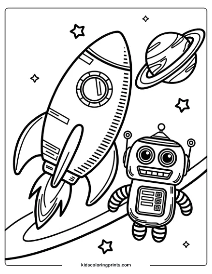 Coloring Page Of A Rocket And Space Robot Exploring Near A Ringed Planet, Bringing A Fun Space Adventure To Life.