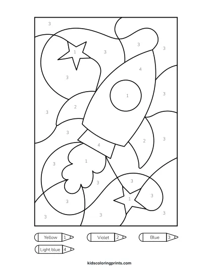 Rocket Color By Number Coloring Page With A Classic Rocket Ship And Flames Coming Out Of The Boosters In Outer Space.