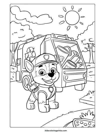 Rocky Paw Patrol Coloring Page With Garbage Truck, Recycling Symbols, Trees, And Sunny Outdoor Setting.