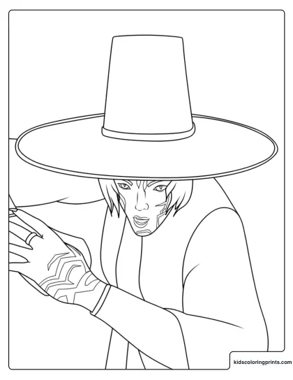 Romance Wide Hat Coloring Page With A Dramatic Shadowed Face And Tattooed Arm