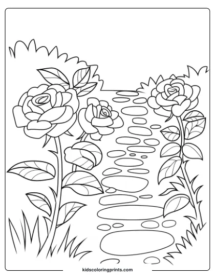 Coloring Page Of Roses Beside A Stone Path, Capturing The Charm Of A Peaceful Garden Scene With Intricate Details.
