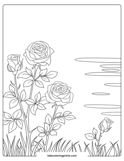 Coloring Page Of Roses Near A Pond, Blending Floral And Water Elements For A Serene, Peaceful Coloring Experience.