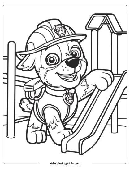Rocky Coloring Page With Him Standing By A Playground Slide, Helmet On, Ready To Build.