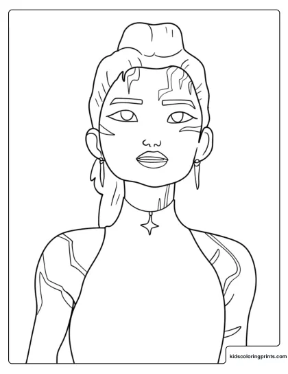 Rumi Tattoo Detail Portrait Coloring Page With Earrings And Star Necklace