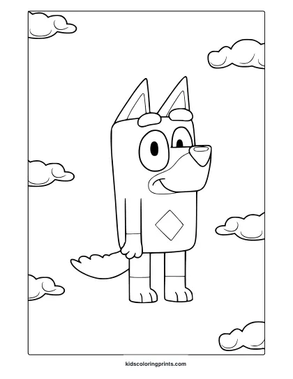 Rusty From Bluey Coloring Page Featuring A Smiling Dog Character With Cloud Background.