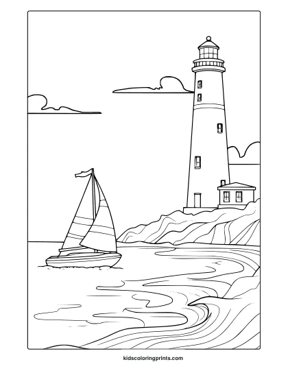 A Sailboat Near A Lighthouse On A Sunny Coast Sets The Scene In This Sailing Boat Trip Coloring Page.