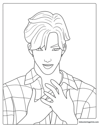Jinu Plaid Shirt Portrait Coloring Page With Hands At His Chest