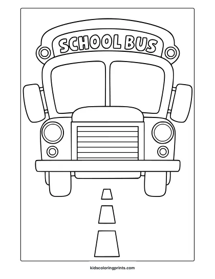Coloring Page With A Front Facing Vintage School Bus And Bold &Quot;School Bus&Quot; Text.