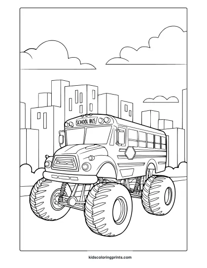 Monster Truck School Bus In A City With Tall Buildings And Clouds, Fun And Unique Urban Coloring Page.