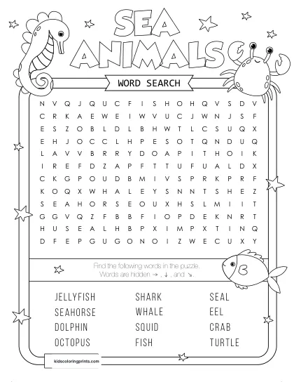 Free Printable Sea Animals Word Search Puzzle With 12 Creatures From Fish To Dolphin.