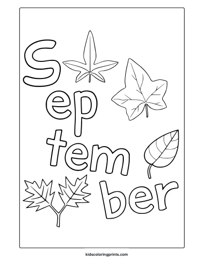 September Leaves Coloring Page With Handwritten Text And Scattered Maple Leaves In Simple Line Art.