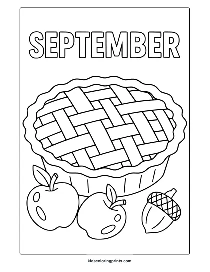 September Pie Coloring Page With Lattice Pie, Cartoon Apples, And Acorn In Black And White Line Art.