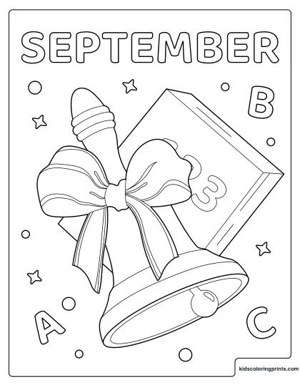 September Coloring Page With A School Bell, Ribbon, And Calendar Marking The 3Rd.