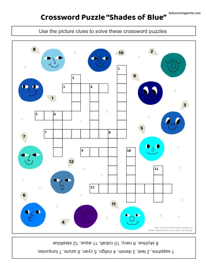 Free Printable Shades Of Blue Crossword Puzzle With 12 Picture Clues.