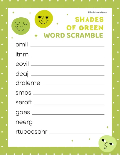 Free Printable Shades Of Green Word Scramble For Learners Exploring Natural Tones.