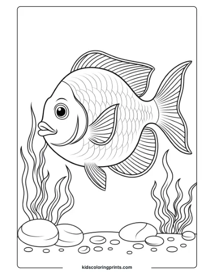 A Fish With Intricate Scales Floats Above Pebbles And Seaweed, Creating A Calming Underwater Scene To Color.