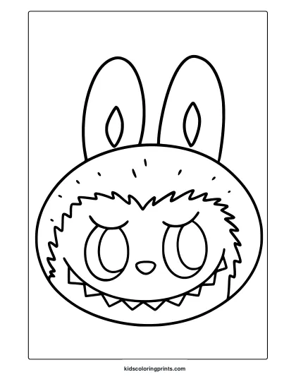 Close-Up Of Labubu’s Round Face With Bunny Ears And A Wide Smile In A Simple Coloring Page.