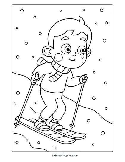 Skiing In Winter Coloring Page With Boy Skier Wearing Scarf, Sweater, And Skis In Cartoon Style.
