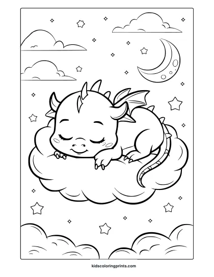 A Baby Dragon Coloring Page Featuring A Sleeping Dragon Surrounded By Stars And A Crescent Moon.