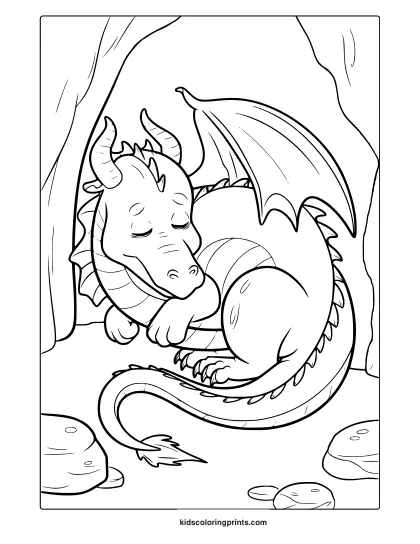 A Sleeping Dragon Coloring Page Featuring A Baby Dragon Resting In A Cave, Creating A Calm And Cozy Scene.