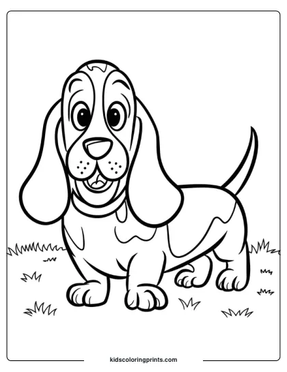 Basset Hound With Droopy Ears Standing On Grass In A Dog Coloring Page.