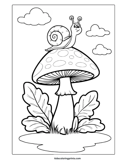 Cute Snail Resting On A Mushroom With Clouds And Leaves Featured In This Whimsical Coloring Page.