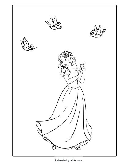 Coloring Page Of Snow White In A Full Dress With Birds Flying Above, Ready For Color.