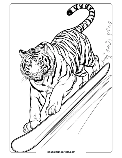 Snowboarding Tiger Coloring Page With A Tiger Riding Down A Slope, Showing Dynamic Motion.