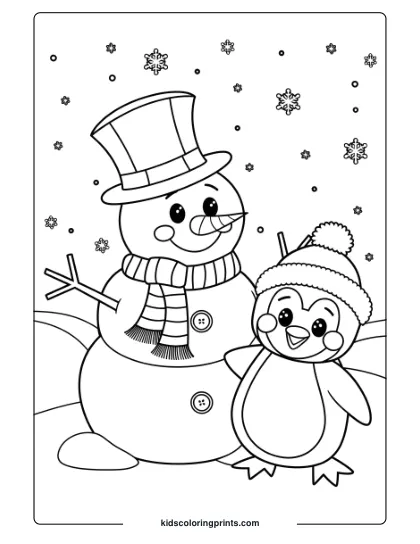 A Penguin And Snowman In A Snowy Setting, A Charming Winter Wonderland Penguin Coloring Page.